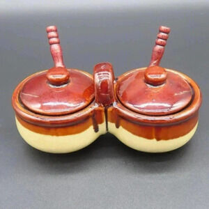 Crock Brown Drip Condiment Caddy Speckled Brown Glaze Vintage Stoneware